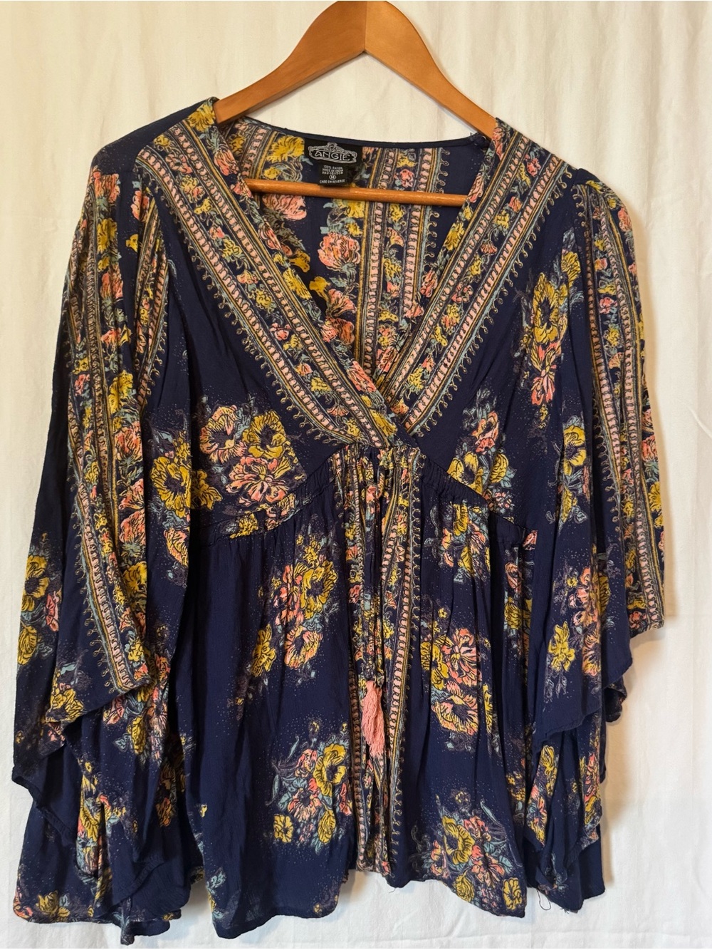 Angie Boho Floral Batwing Sleeve Top Navy V-Neck Tie Front - Size M